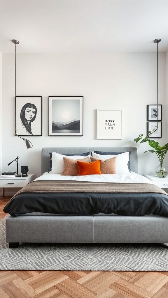 A contemporary grey bed frame with decorative pillows and wall art in a stylish bedroom.