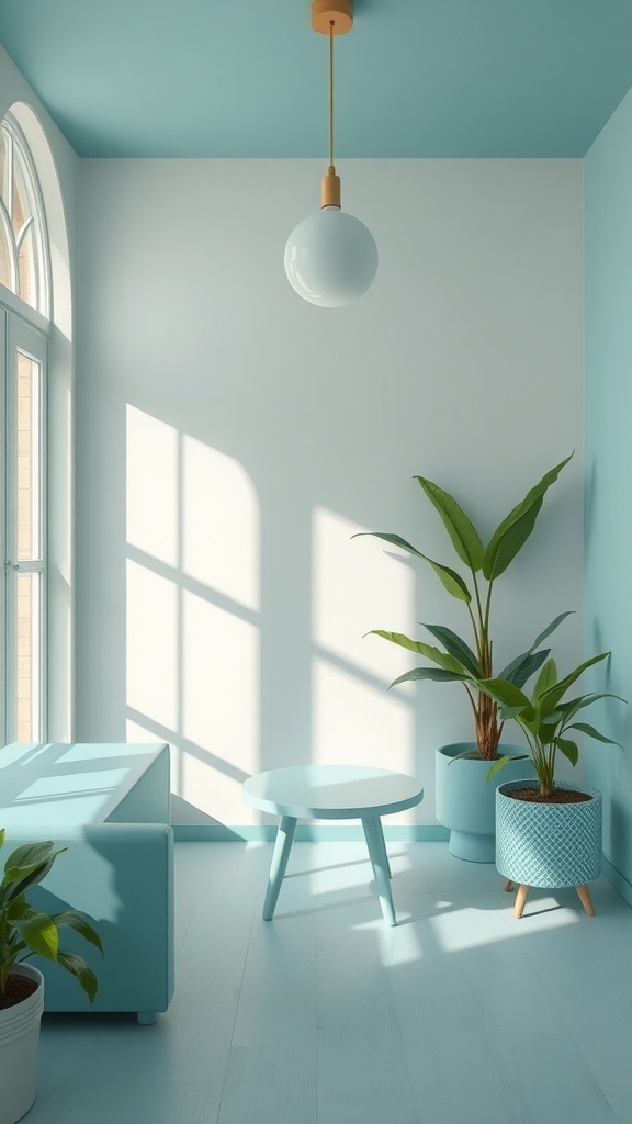 A bright summer room with a blue ceiling, light walls, and minimalistic furniture.