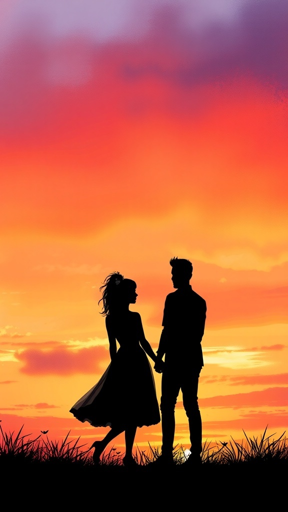 Silhouette of a couple holding hands at sunset with vibrant colors in the sky