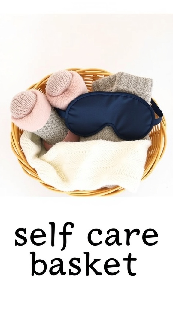 A self-care basket containing cozy socks, a sleep mask, and a soft blanket.