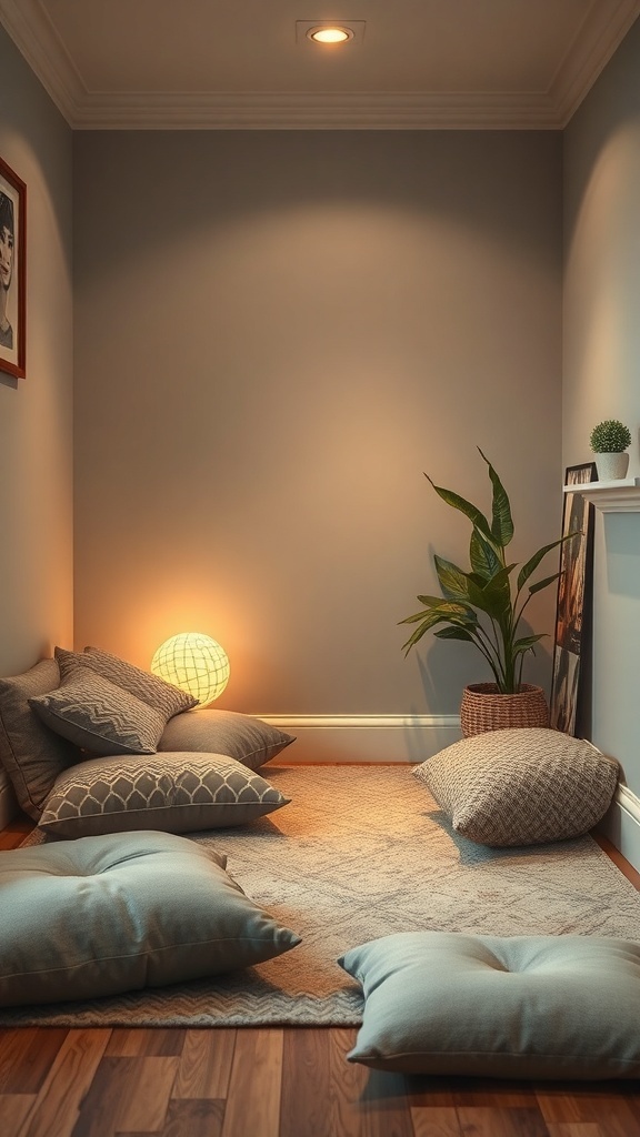 A cozy reading nook with floor cushions, a lamp, and a plant.