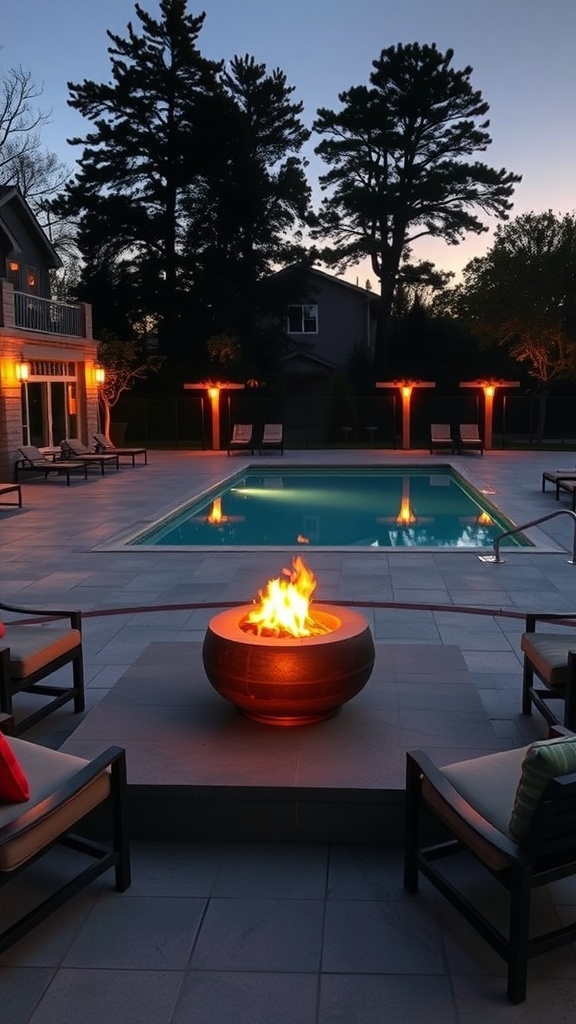 Cozy fire pit by the pool at night with chairs around it