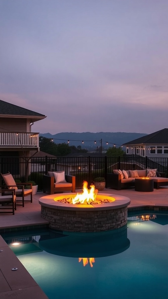 A cozy fire pit lounge area by a pool, featuring comfortable seating and a glowing fire pit.