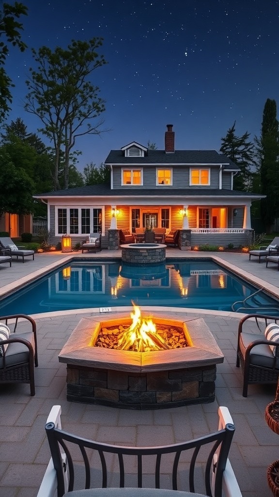 A cozy fire pit surrounded by chairs, with a pool and house in the background at night.