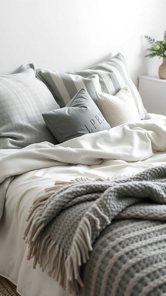 A cozy grey and white bedroom featuring layered bedding and pillows.