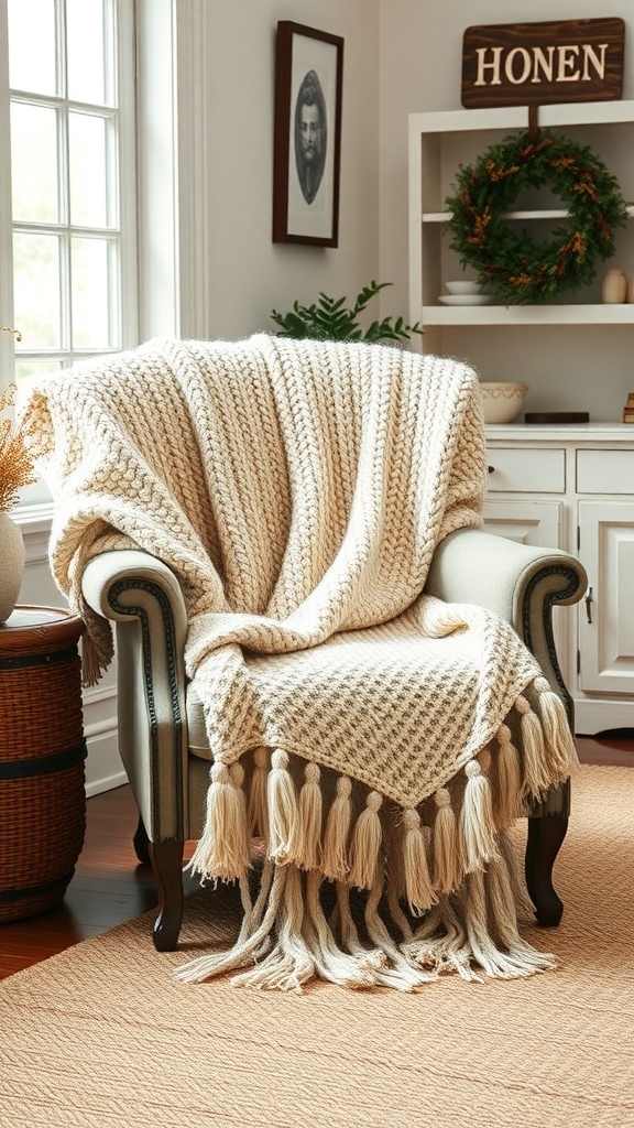 A cozy knit throw blanket draped over a chair in a farmhouse setting