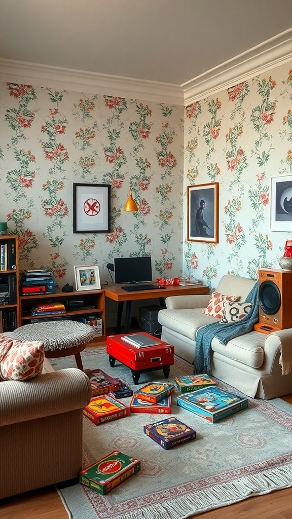 Cozy living room with floral wallpaper, a sofa, and board games on the floor.