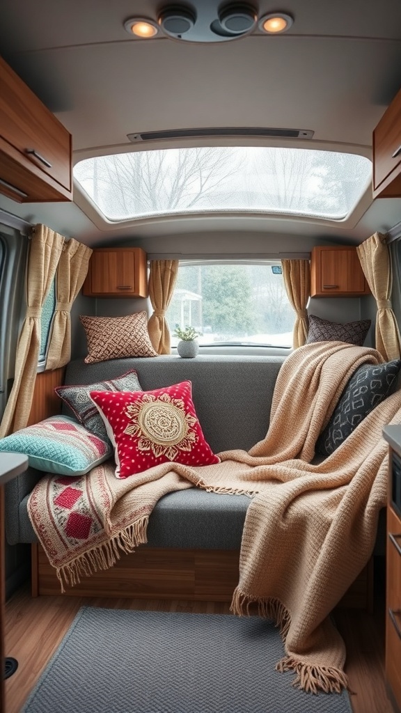 Cozy RV living space with layered textiles, featuring a gray sofa, colorful pillows, and a warm throw blanket.