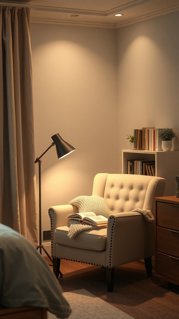 A cozy reading nook featuring a cream armchair, a floor lamp, and a small bookshelf in a softly lit bedroom.
