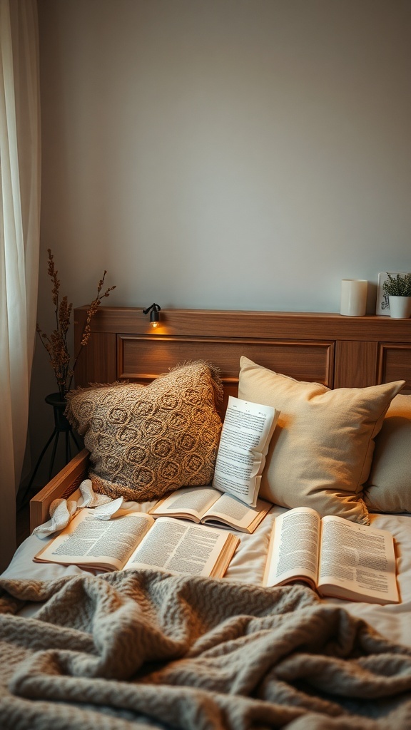 A cozy reading nook with a bed covered in pillows and open books, illuminated by soft lighting.
