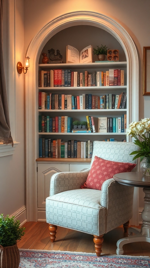 A cozy reading nook featuring a comfortable armchair, a well-stocked bookshelf, and warm lighting.