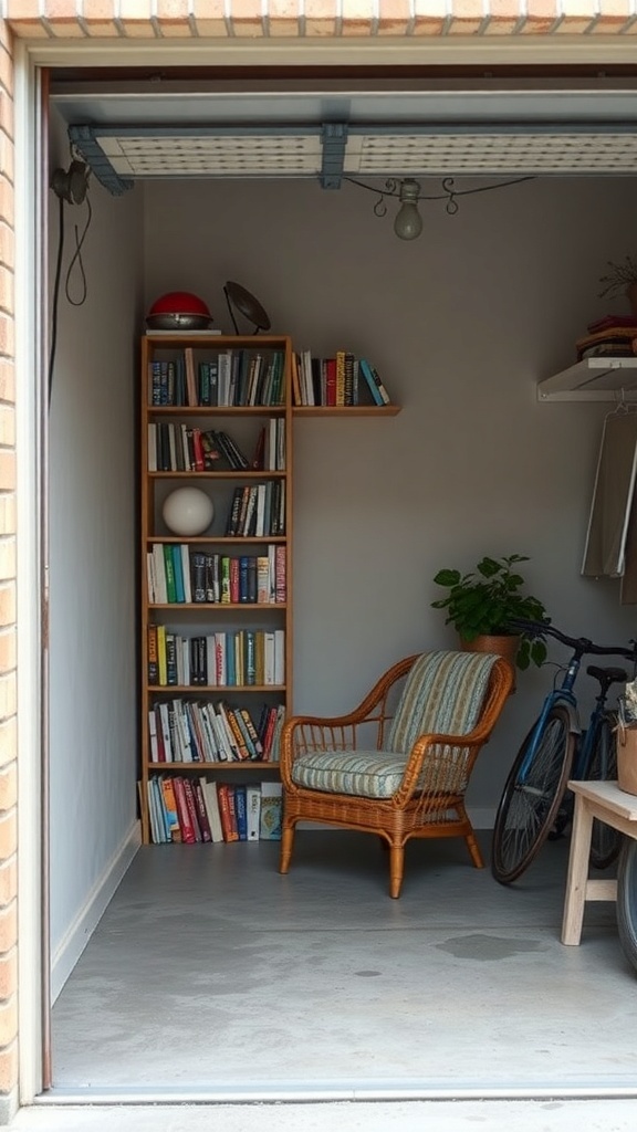 Cozy reading nook in a small garage with a chair and bookshelf