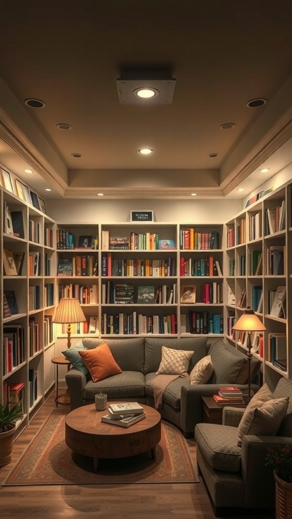 Cozy reading nook in a low ceiling basement with built-in shelves filled with books, a comfortable sofa, and warm lighting.