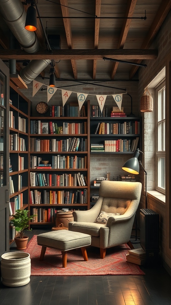 Cozy reading nook featuring a comfortable chair, bookshelves, and warm lighting.
