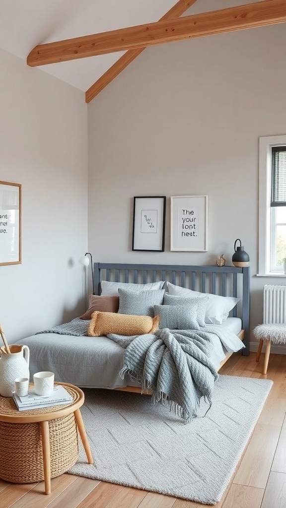 A cozy Scandinavian bedroom featuring a grey bed frame, soft textiles, and warm wood accents.