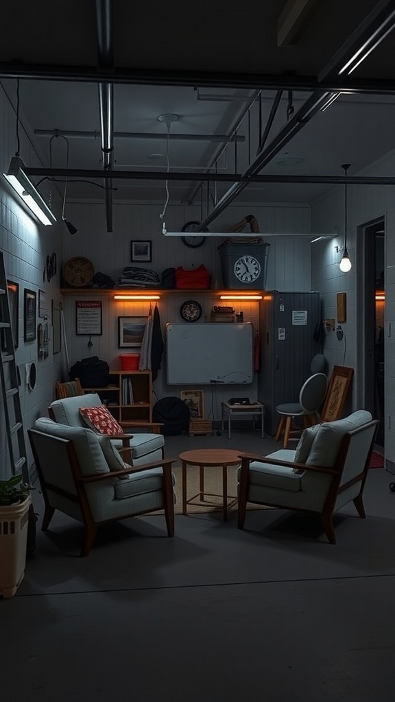 Cozy seating area in a garage with two chairs and a small table