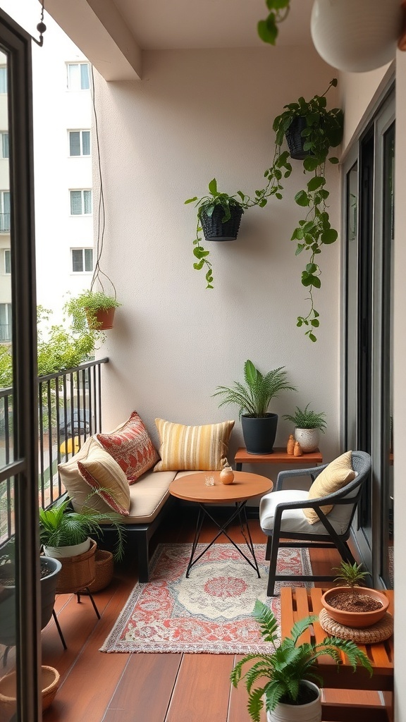 A cozy balcony with a sofa, plants, and a small table.