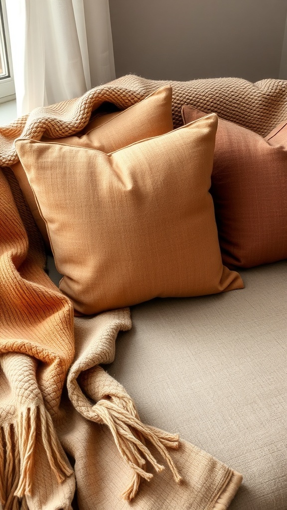 A cozy arrangement of cushions and a throw blanket on a sofa, showcasing warm earthy tones and textures.