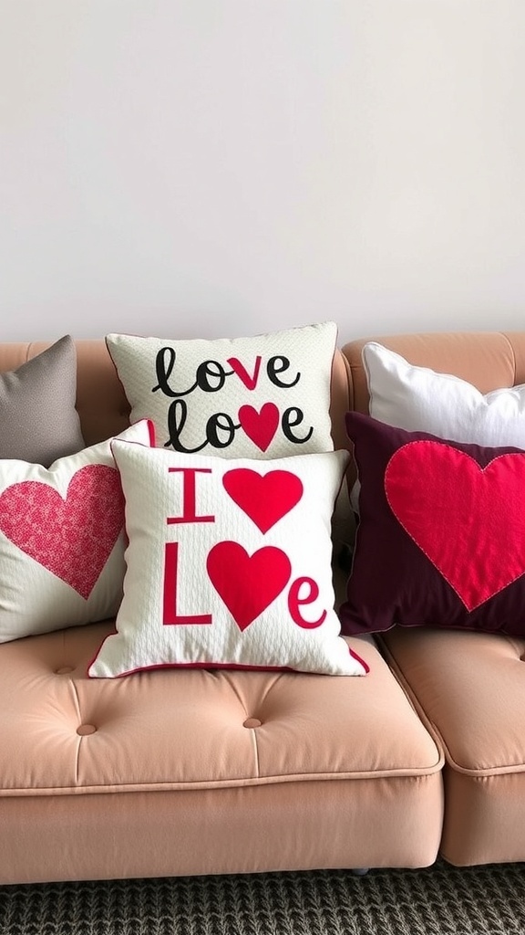 A cozy couch adorned with throw pillows featuring love-themed designs in red and white.