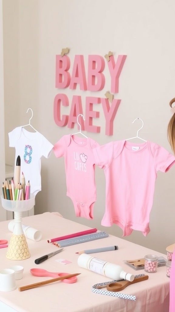 A craft station with baby clothes and art supplies for a baby shower.