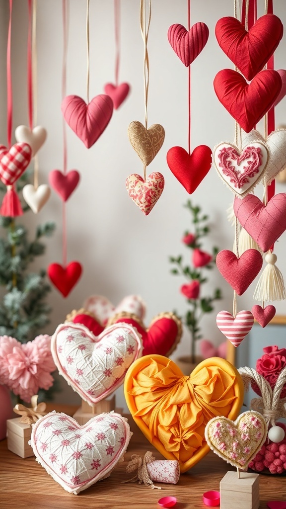 A collection of heart-shaped decorations in various colors and patterns, hanging and displayed on a table.