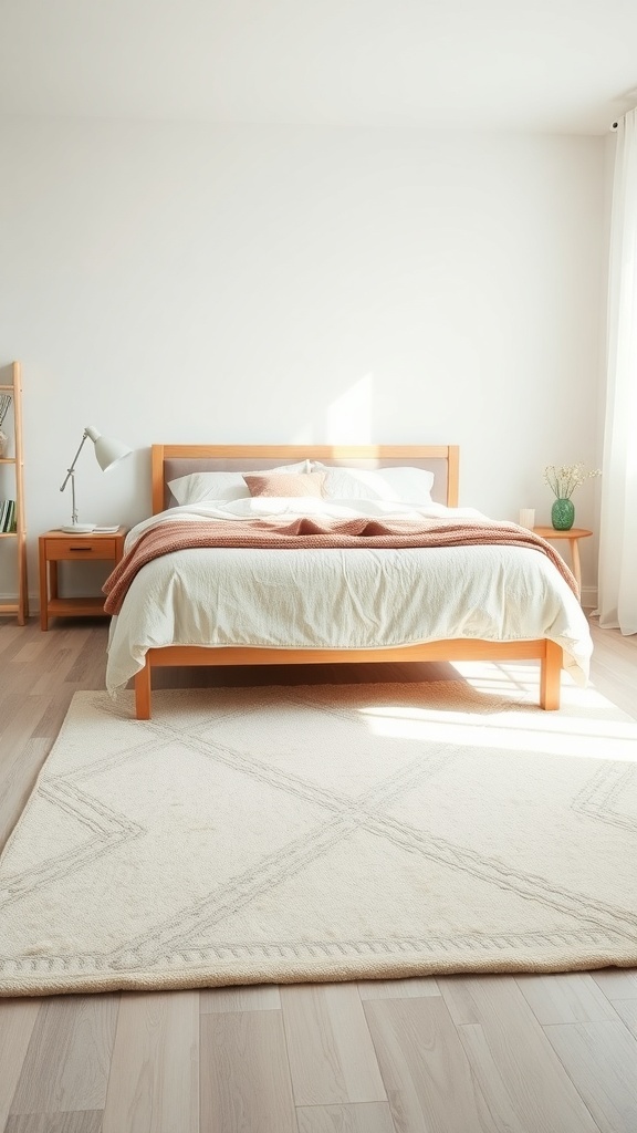 A cozy bedroom featuring a cream-colored area rug under a bed with light wood furniture.