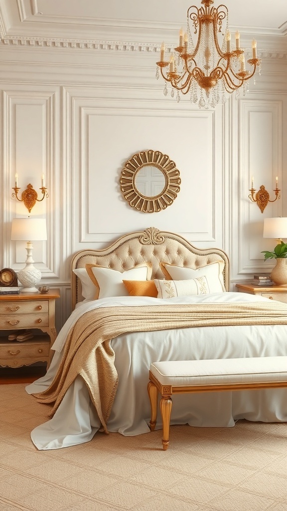 A luxurious cream and gold bedroom featuring elegant decor and soft textures.