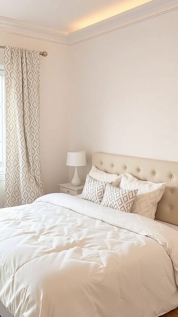 A cozy cream and white bedroom featuring geometric patterns in the bedding and curtains.