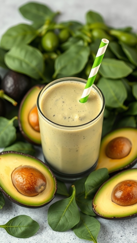 A creamy avocado spinach smoothie with a straw, surrounded by fresh spinach and halved avocados.
