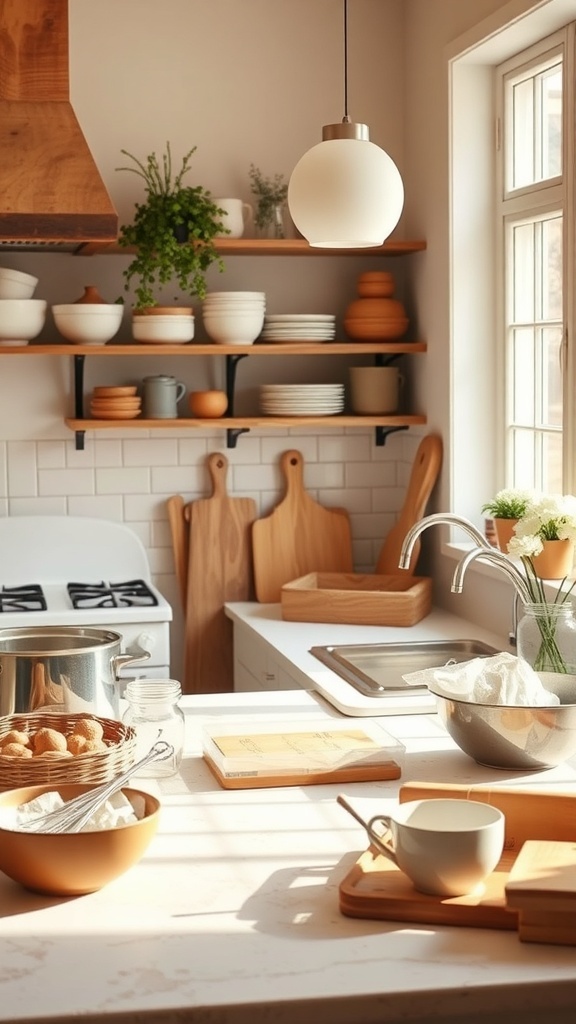 A cozy kitchen with natural light, organized baking tools, and warm colors.