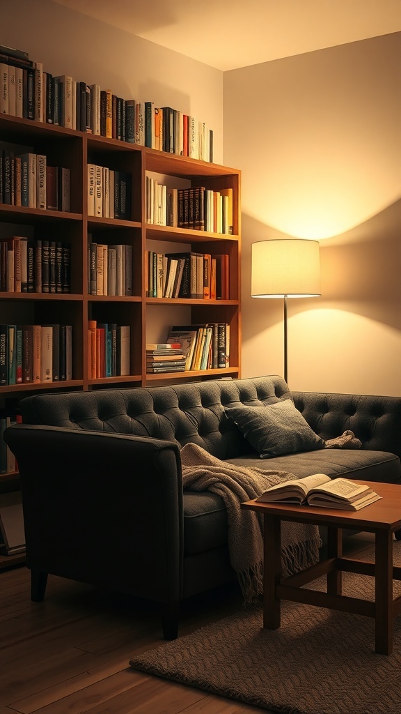A cozy reading nook featuring a dark grey sofa, a lamp, and a bookshelf.