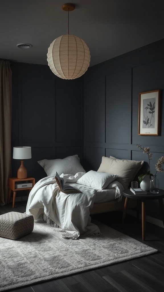 Cozy reading nook in a dark grey bedroom with a chair, blankets, and a lamp.