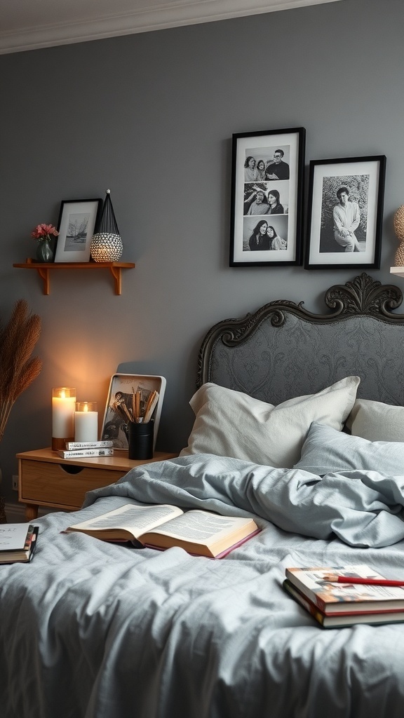 Cozy gray bedroom with soft bedding, candles, and framed photos.