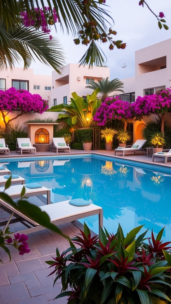 A serene poolside setting with lounge chairs and blooming flowers.