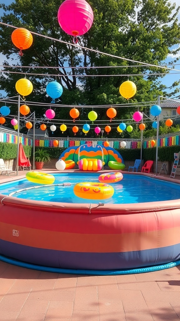 A colorful above ground pool area with lanterns and inflatable toys.