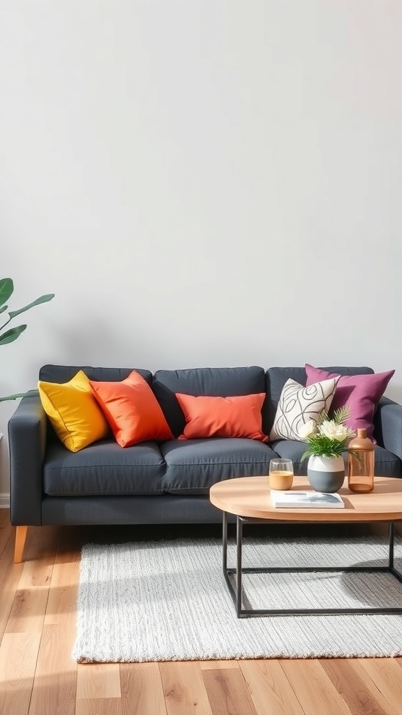 A dark grey sofa with colorful throw pillows in orange, yellow, and purple, complemented by a wooden coffee table and a plant.