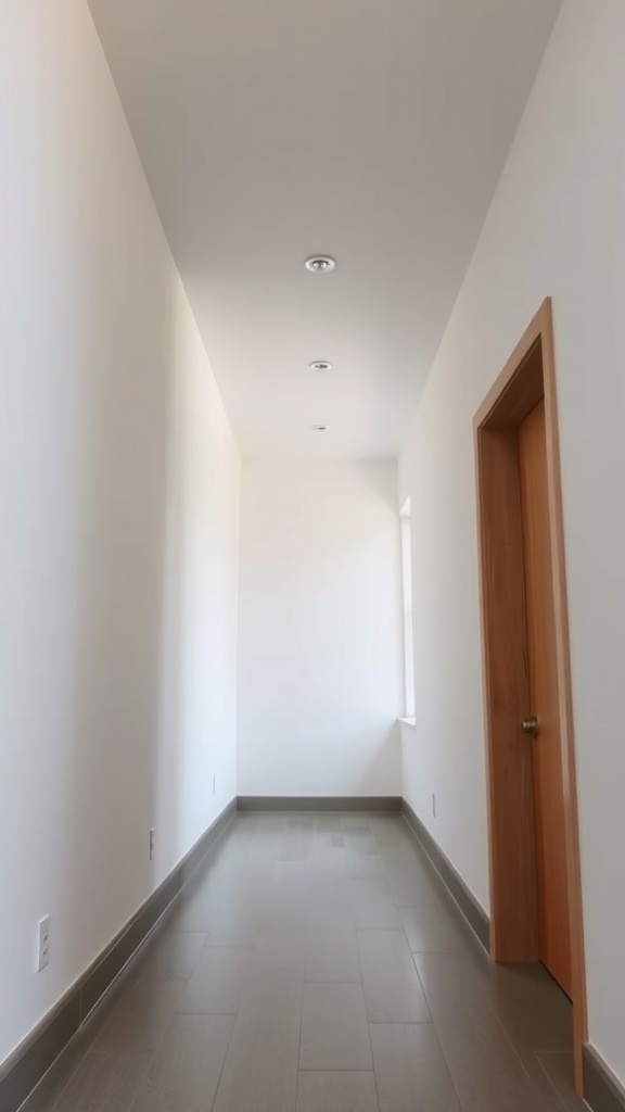 A narrow hallway with a bright ceiling and recessed lighting.