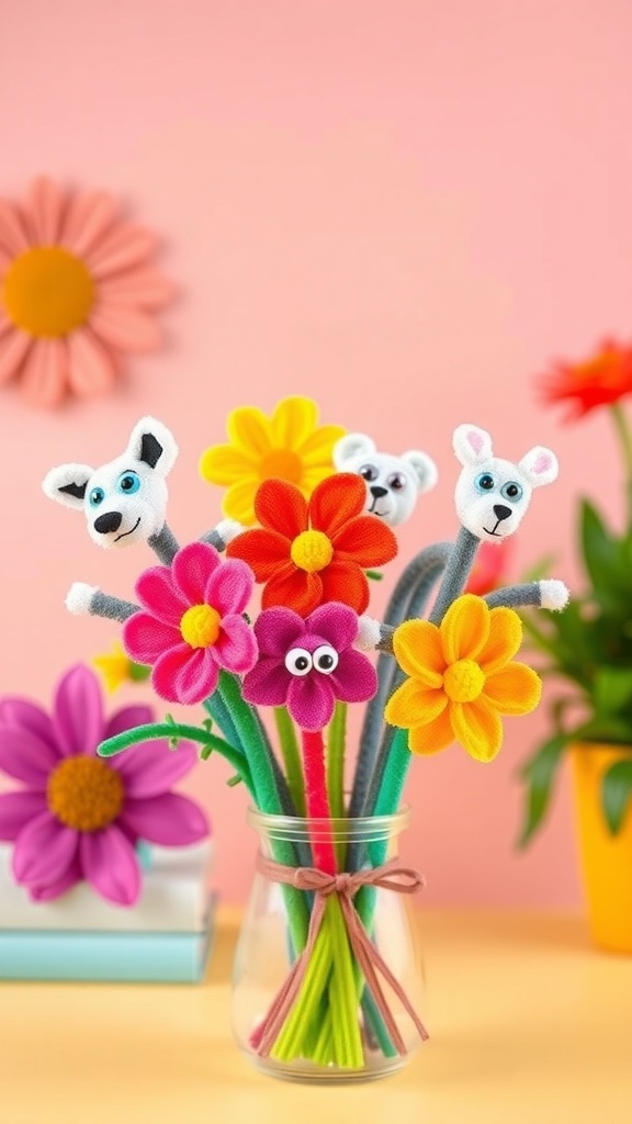 A colorful bouquet made of pipe cleaners featuring flowers and whimsical animal shapes.