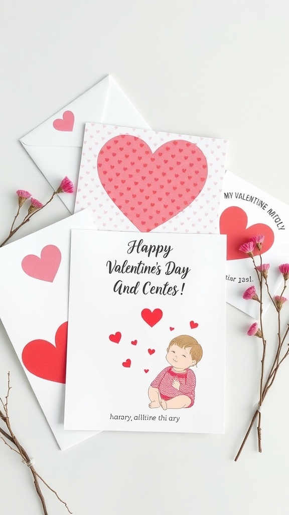 Valentine's Day baby announcement card with hearts and a cute baby illustration.