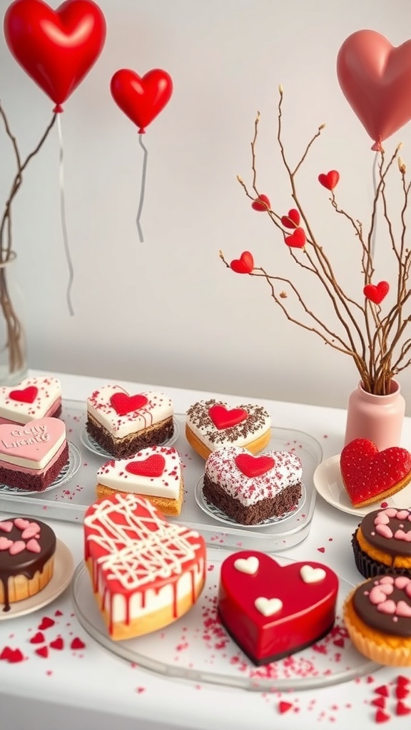 A creative dessert display for Valentine's Day featuring heart-shaped cakes, cupcakes, and red balloons.