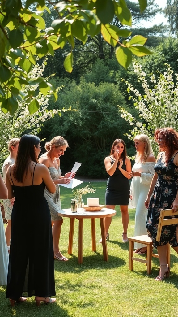 A group of women enjoying a garden party bridal shower, engaging in activities.