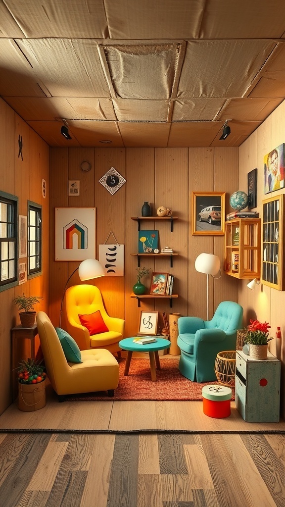 A cozy interior of a cardboard box house featuring colorful chairs, a small table, and decorative items.