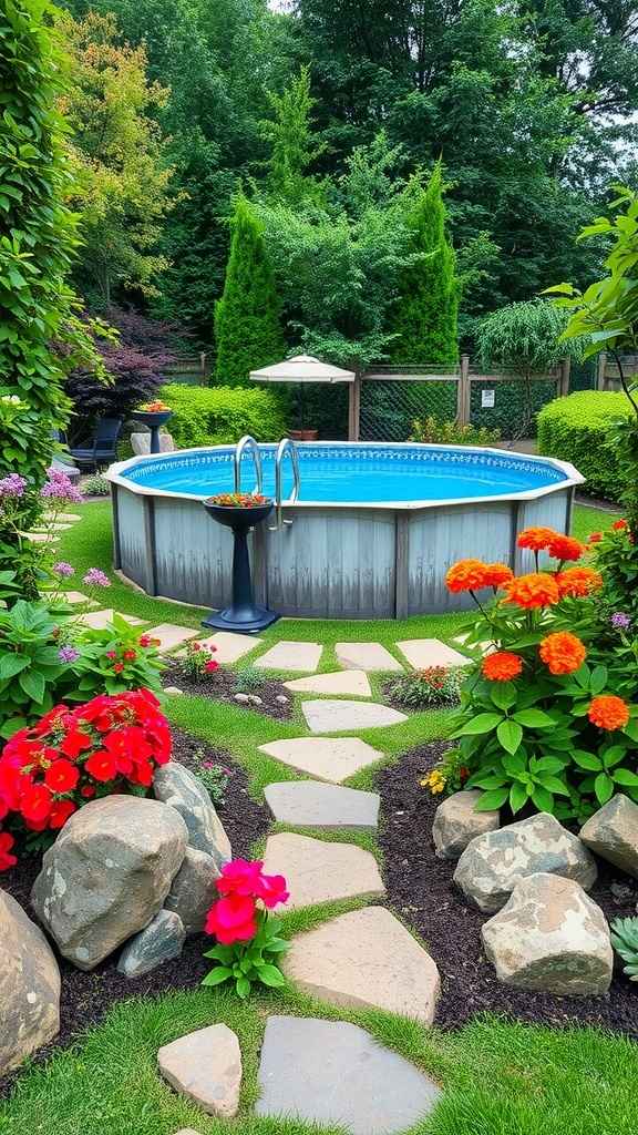 Above ground pool surrounded by colorful flowers and a stone pathway.