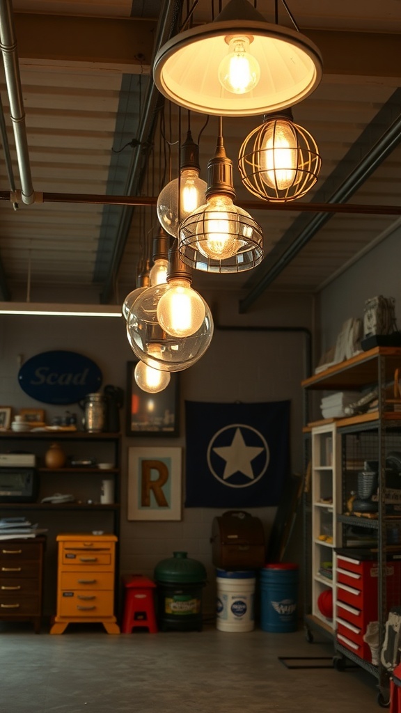 A variety of creative lighting fixtures in a garage, including pendant lights and cage lights, illuminating the space.