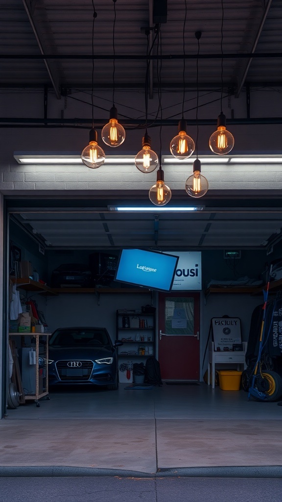 A stylish garage with hanging light fixtures illuminating the space.