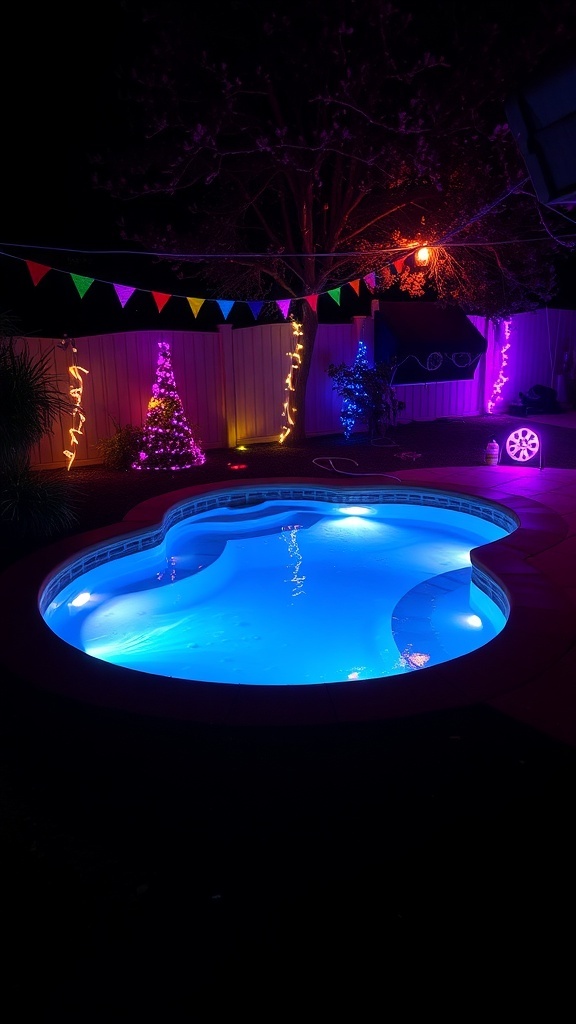 A small backyard pool illuminated with colorful lights and decorations at night.