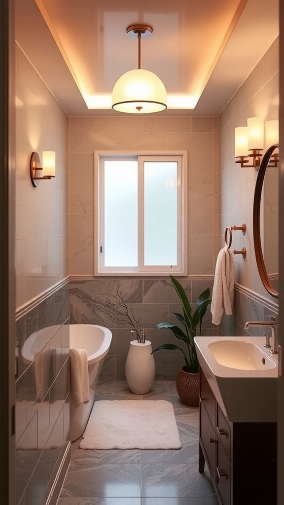 A small master bath featuring stylish lighting fixtures and a warm atmosphere.
