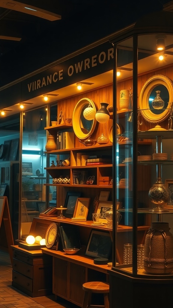 Vintage shop display with warm lighting highlighting various decorative items and furniture.