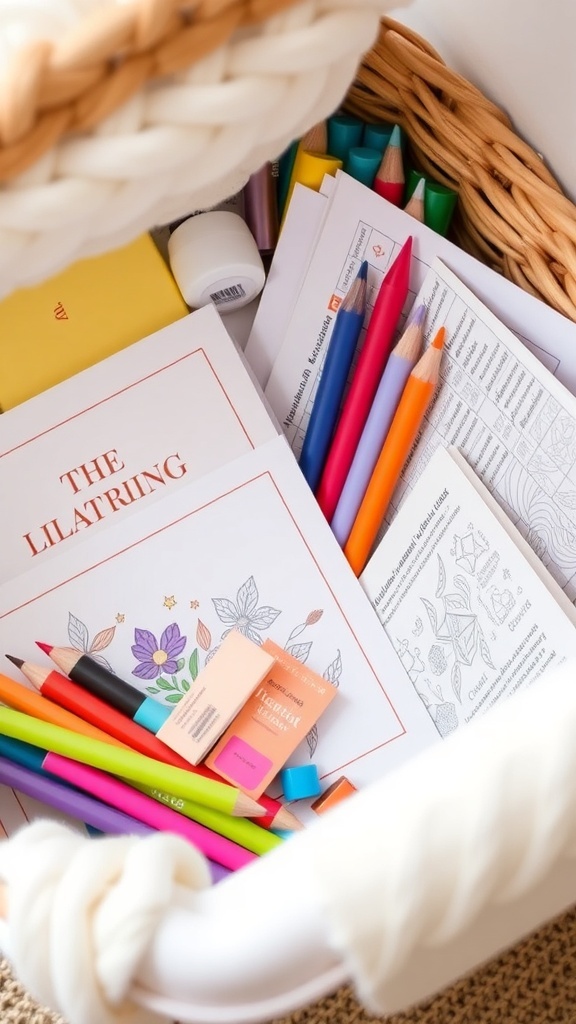A cozy basket filled with colorful art supplies including markers, colored pencils, and coloring books.
