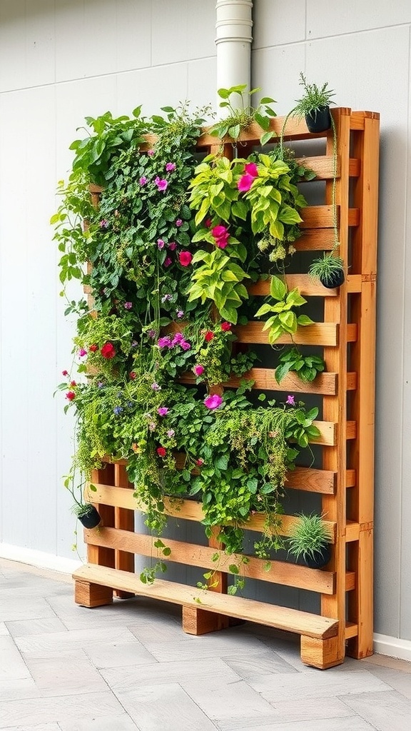 A vertical garden made from a wooden pallet, filled with colorful flowers and green plants.